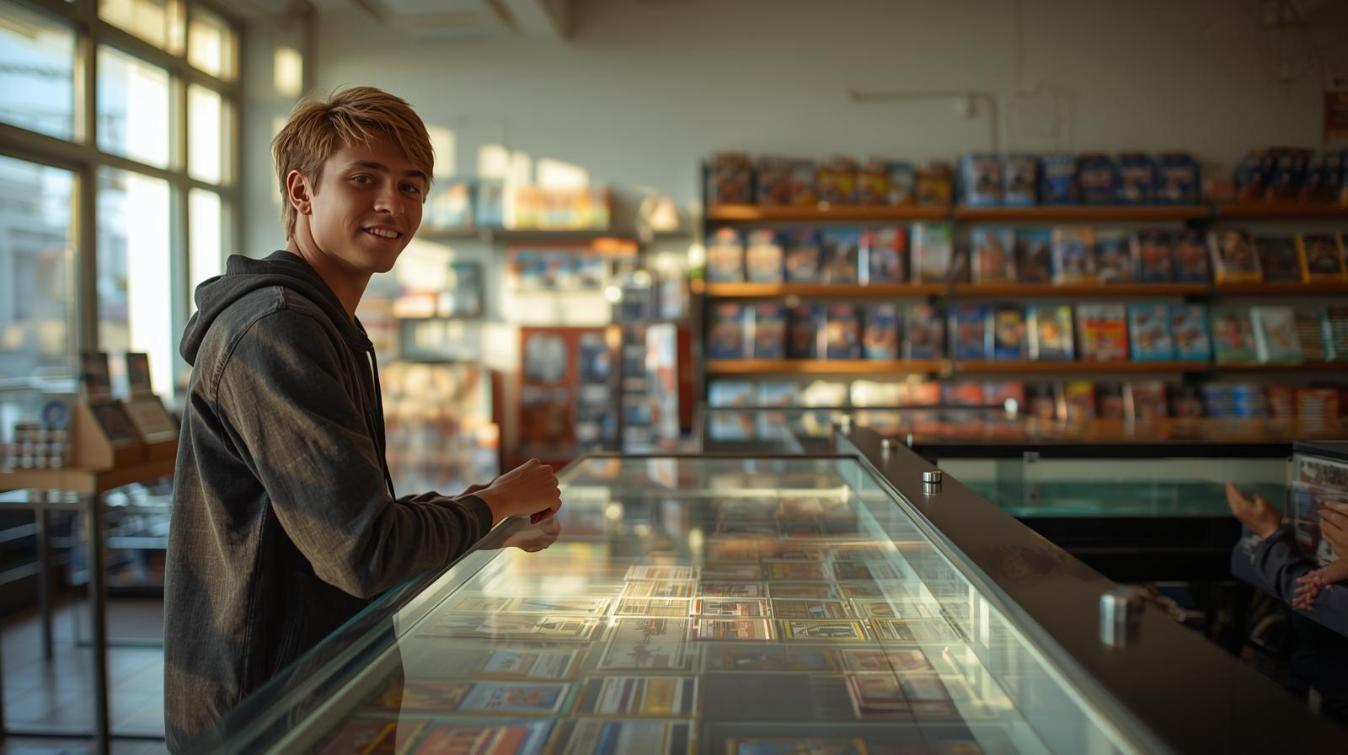 Smiling collector browsing colorful trading cards inside bright Dubai hobby store.